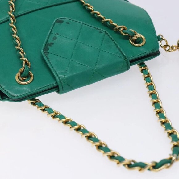 CHANEL Chain Hand Bag Lamb Skin Green Gold CC - Picture 7 of 15